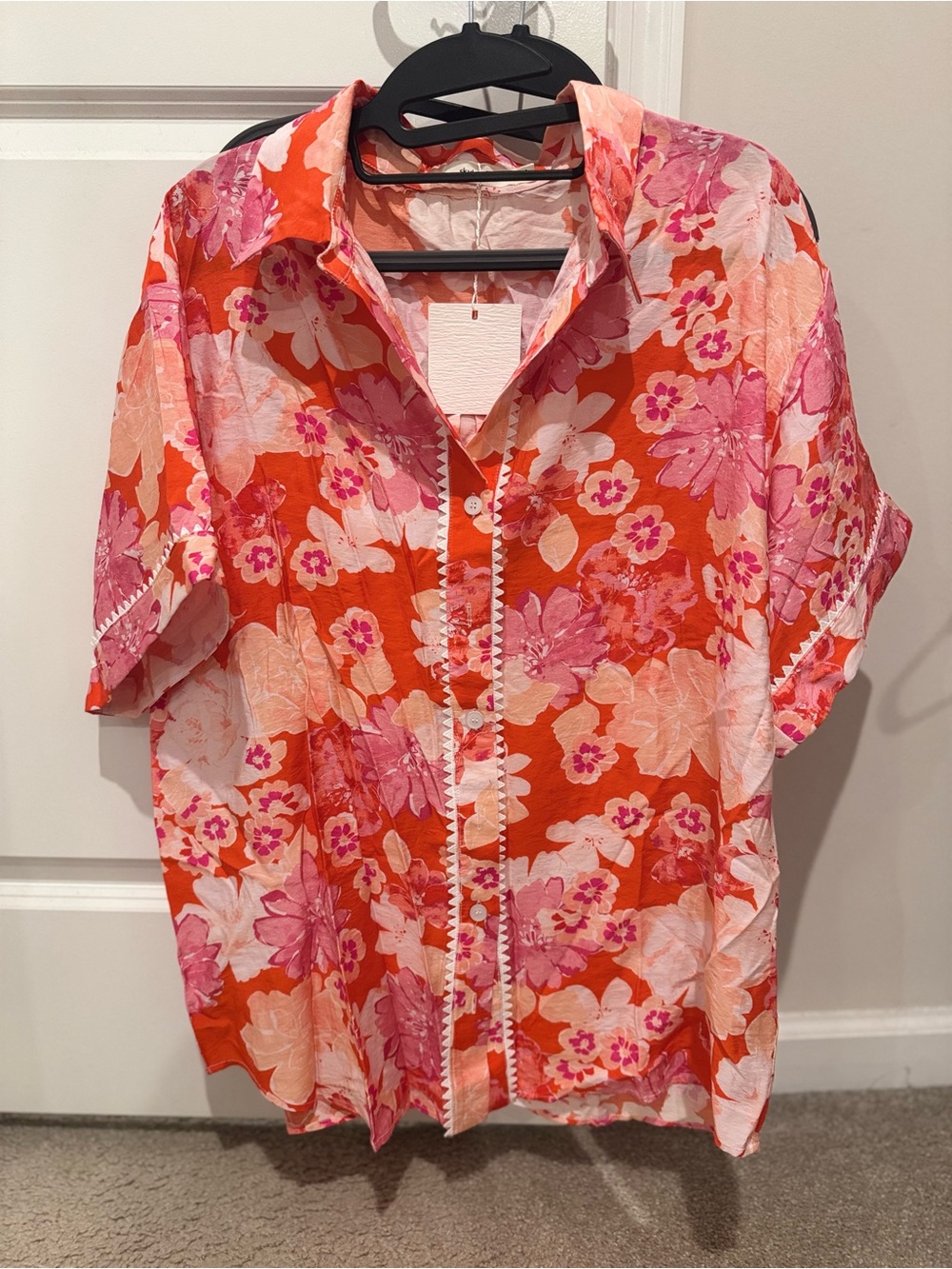 SkyLar Rose Floral Button-Up Shirt - Pink & Orange and short set